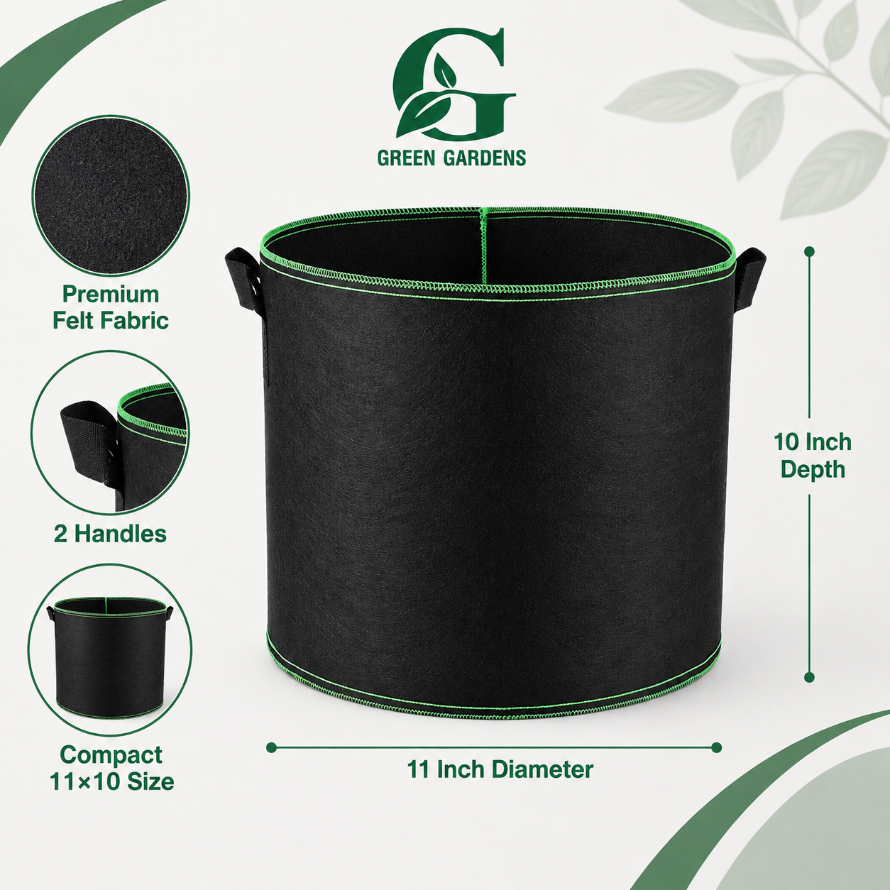 Black G-11 round felt fabric grow bag, 11-inch diameter and 10-inch depth, with 2 handles