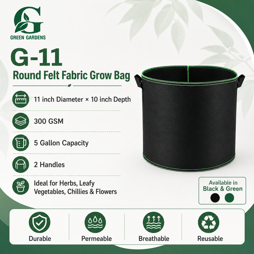 Black G-11 round felt fabric grow bag, 11-inch diameter and 10-inch depth, with 2 handles