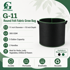 Black G-11 round felt fabric grow bag, 11-inch diameter and 10-inch depth, with 2 handles