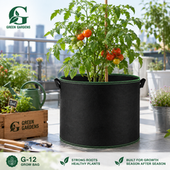 Black G-12 round felt fabric grow bag, 12-inch diameter and 12-inch depth, with 2 handles