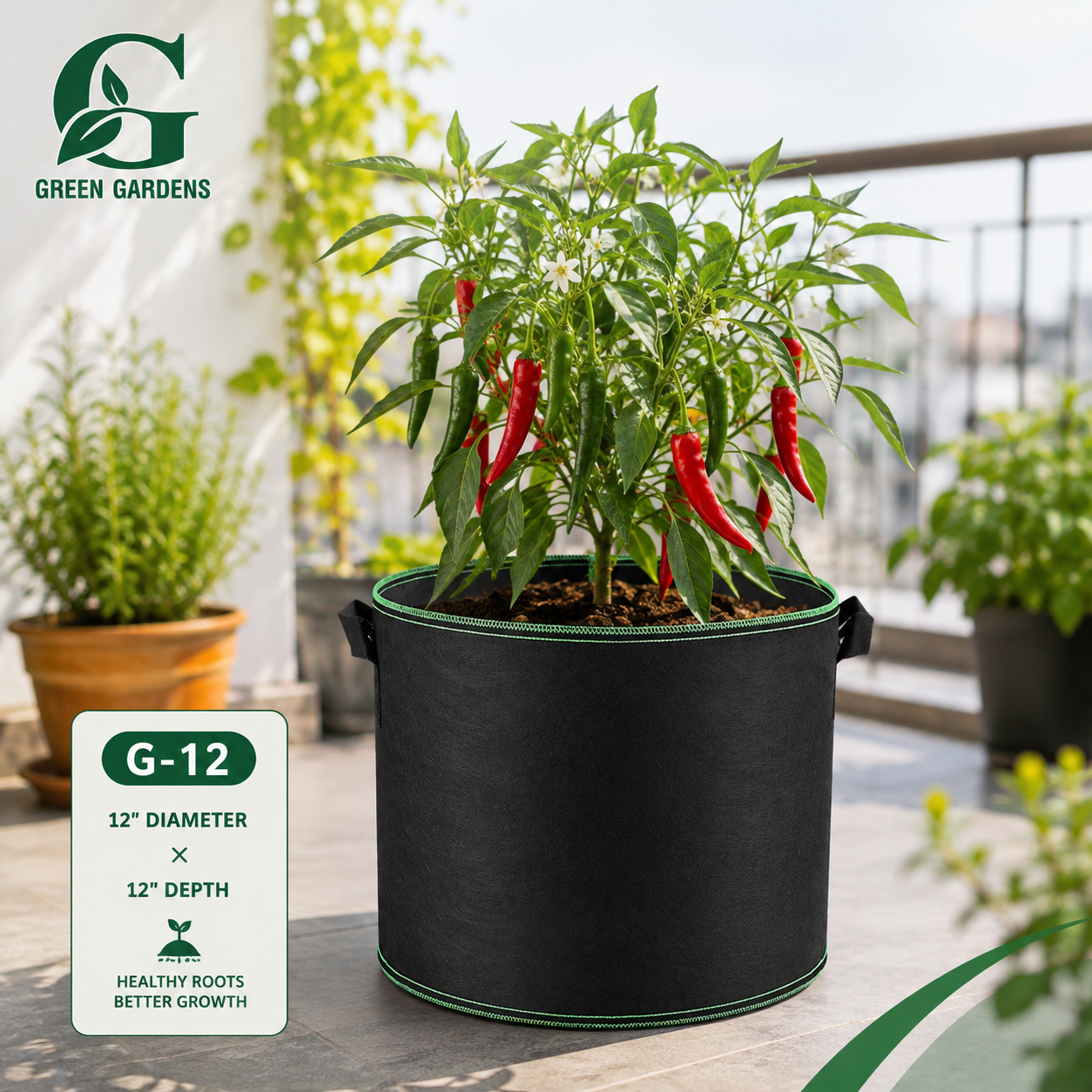 Black G-12 round felt fabric grow bag, 12-inch diameter and 12-inch depth, with 2 handles