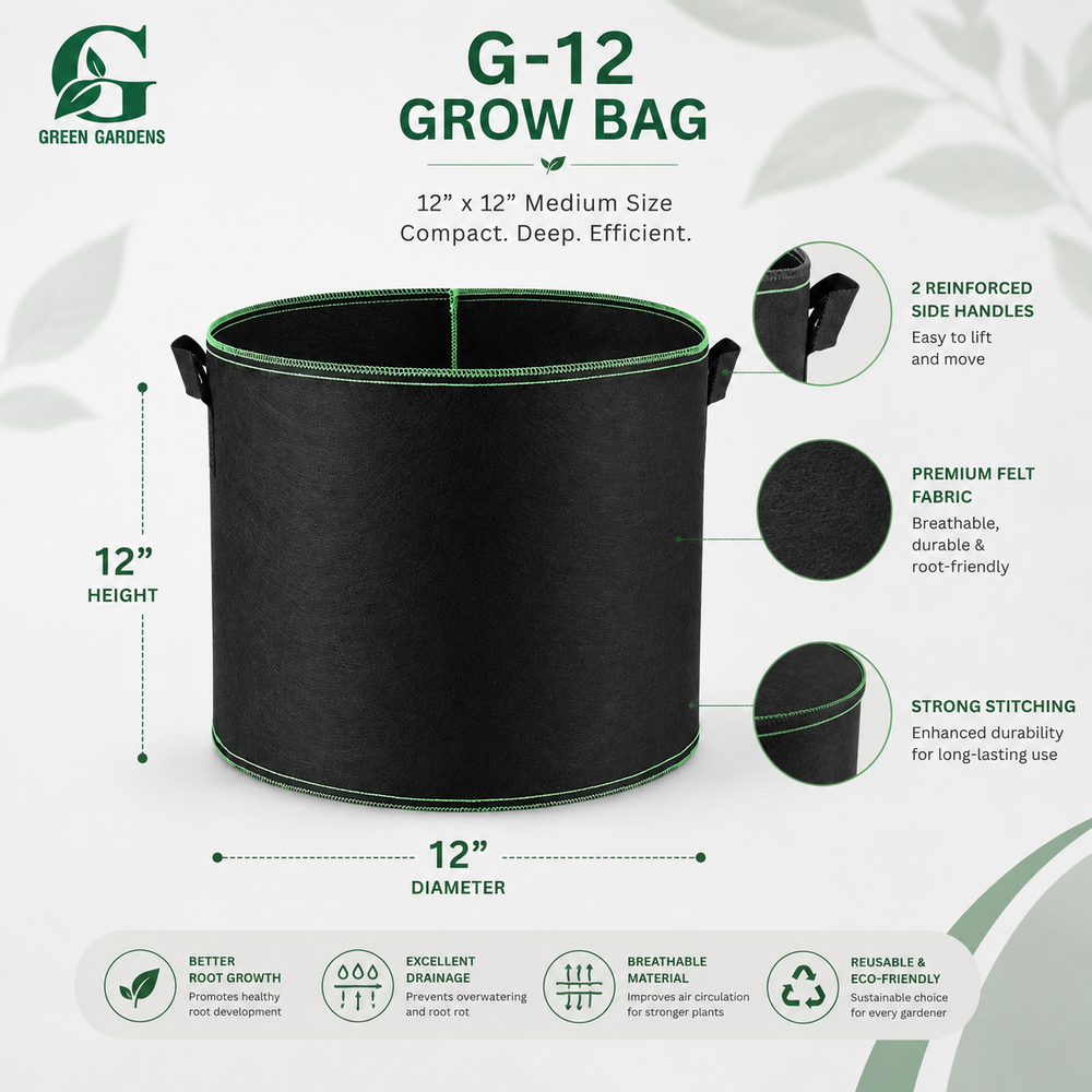 Black G-12 round felt fabric grow bag, 12-inch diameter and 12-inch depth, with 2 handles