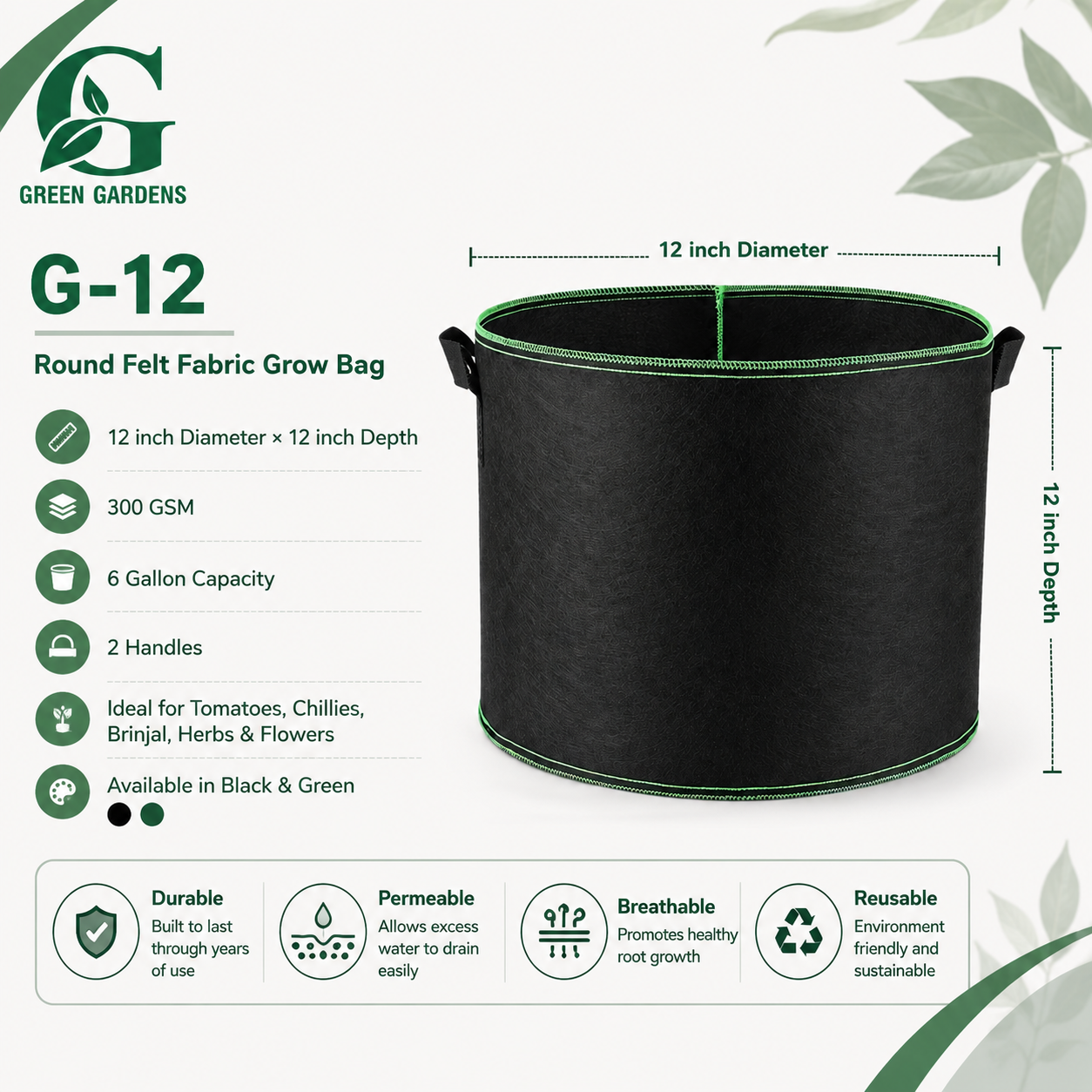 Black G-12 round felt fabric grow bag, 12-inch diameter and 12-inch depth, with 2 handles
