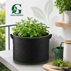 Black G-8 round felt fabric grow bag, 8-inch diameter and 8-inch depth, with 2 handles