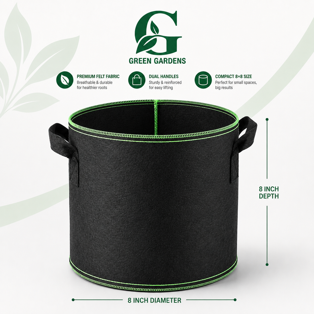 Black G-8 round felt fabric grow bag, 8-inch diameter and 8-inch depth, with 2 handles