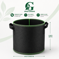 Black G-8 round felt fabric grow bag, 8-inch diameter and 8-inch depth, with 2 handles