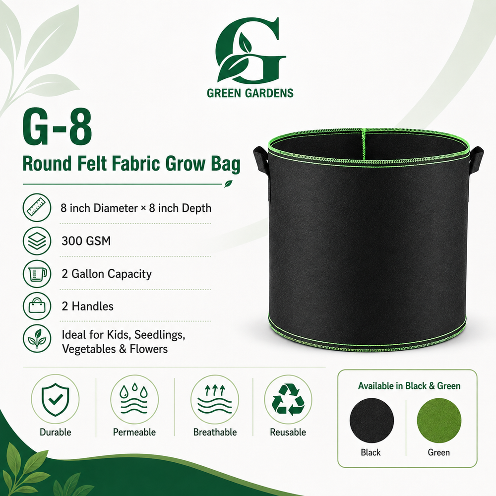 Black G-8 round felt fabric grow bag, 8-inch diameter and 8-inch depth, with 2 handles