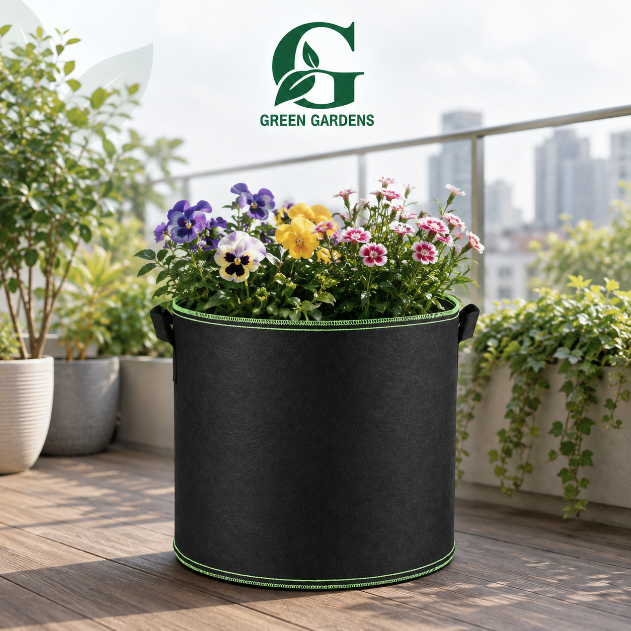 Black G-8 round felt fabric grow bag, 8-inch diameter and 8-inch depth, with 2 handles