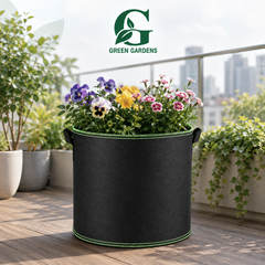 Black G-8 round felt fabric grow bag, 8-inch diameter and 8-inch depth, with 2 handles