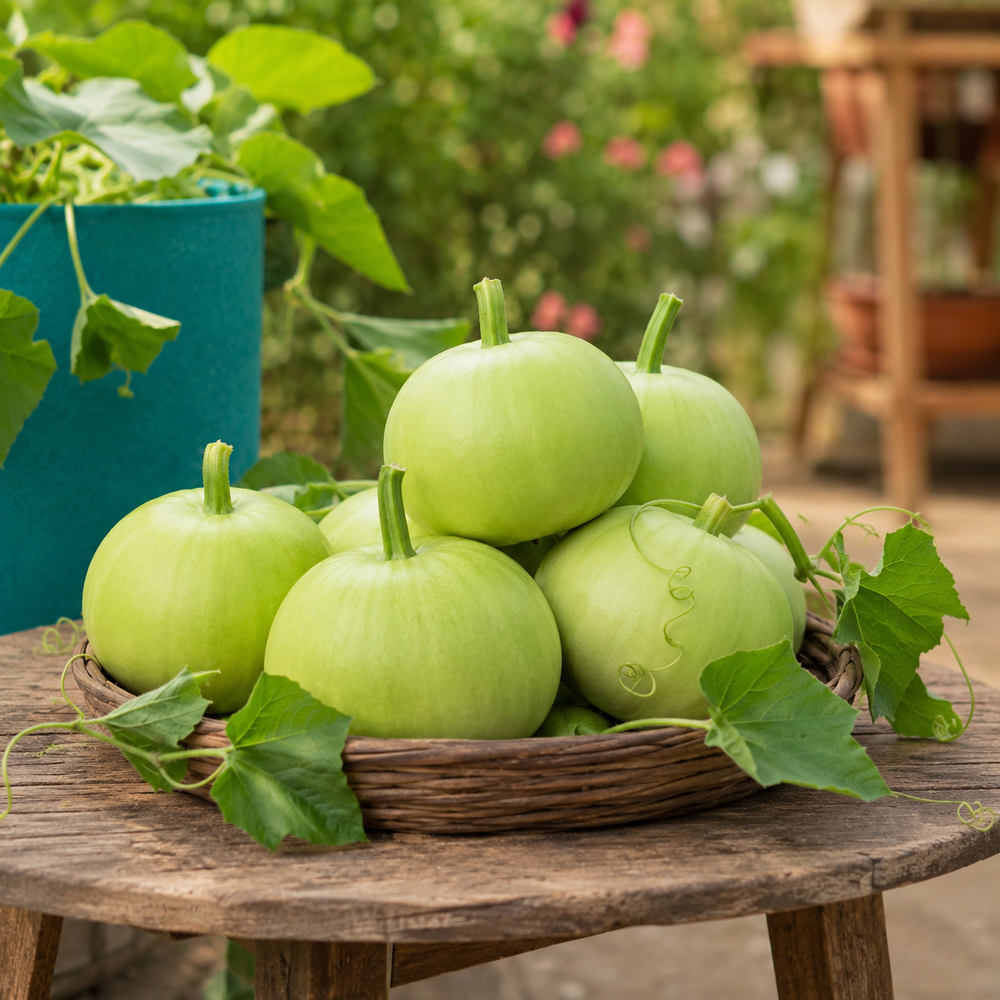 BUTTER F1 Hybrid bottle gourd vine with fresh round green lauki fruits – summer late vegetable seeds for home gardening in Pakistan