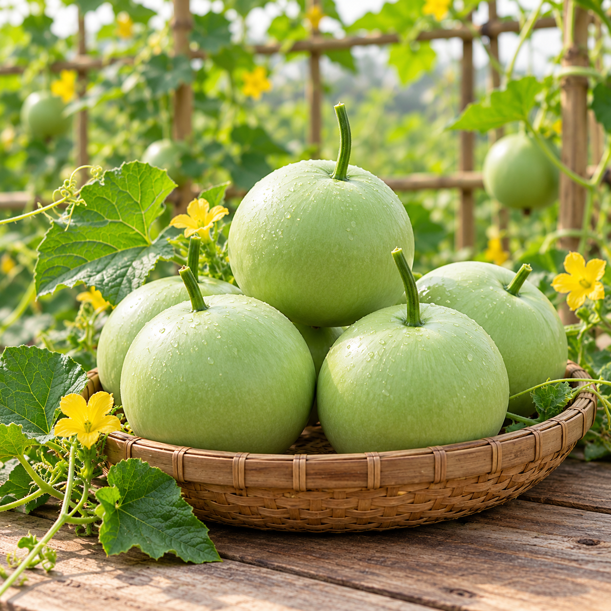 Bottle Gourd Round F1 Hybrid with smooth round light-green lauki fruits growing on vigorous climbing vines – summer vegetable seeds for kitchen gardens trellises and grow bags Pakistan
