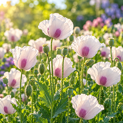 White Breadseed Poppy Papaver somniferum flower with delicate white petals and characteristic poppy form