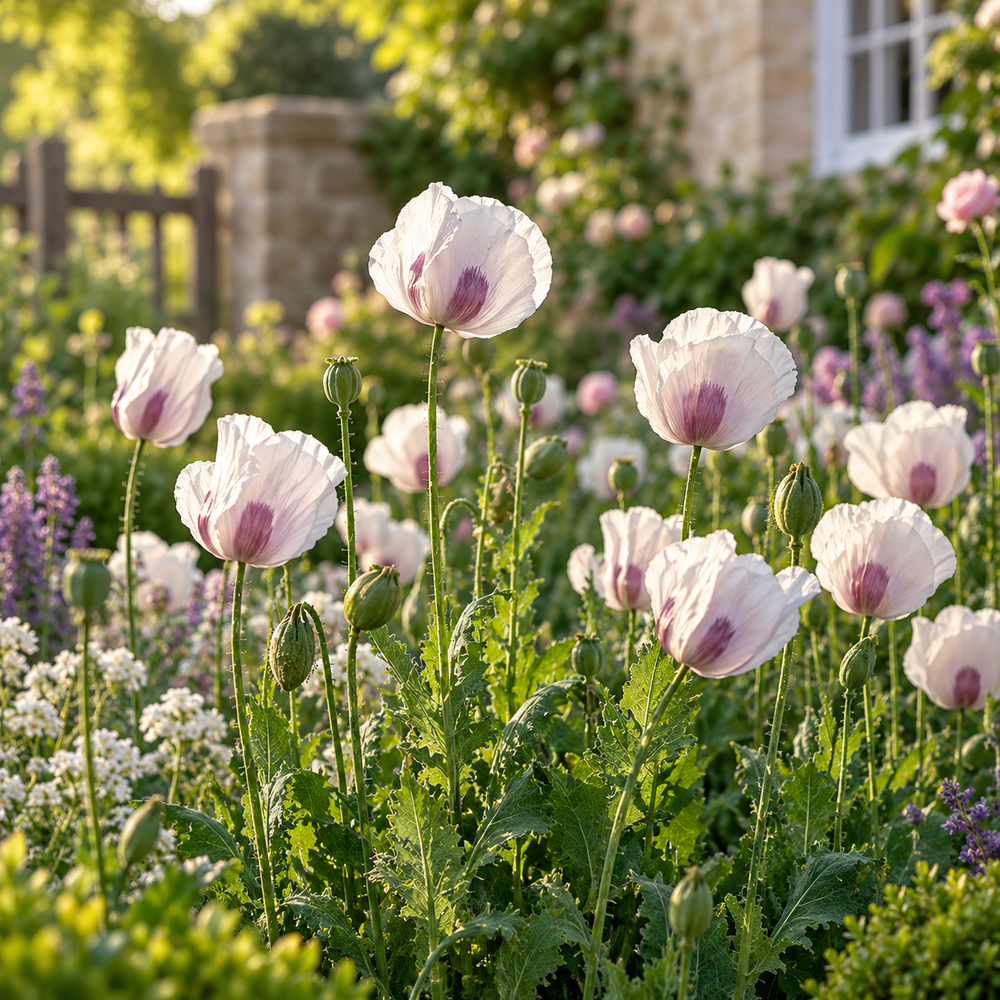 White Breadseed Poppy Papaver somniferum flower with delicate white petals and characteristic poppy form