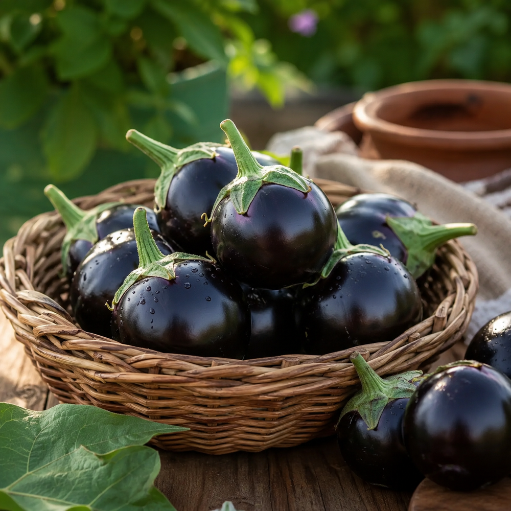 Round Purple F1 Hybrid brinjal with smooth glossy purple fruits – eggplant seeds for home gardening in Pakistan