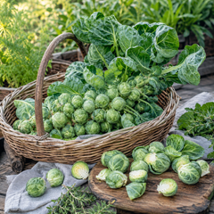 Fresh Brussels sprouts growing on tall green stems – winter vegetable seeds for kitchen gardening in Pakistan