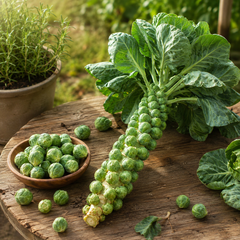 Fresh Brussels sprouts growing on tall green stems – winter vegetable seeds for kitchen gardening in Pakistan