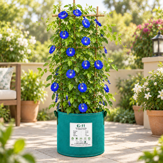 Butterfly Pea Blue Clitoria ternatea flowering climber with deep-blue butterfly-shaped flowers growing on a trellis – summer and winter flower seeds in Pakistan