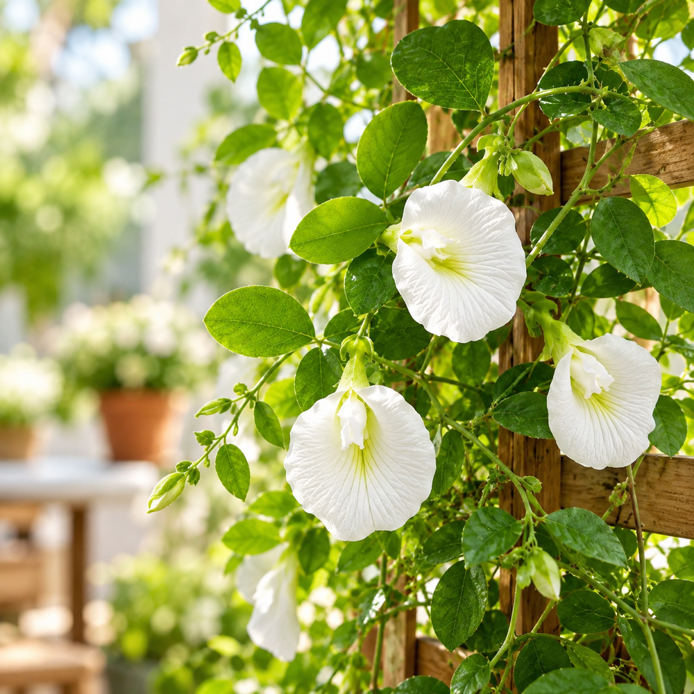 Butterfly Pea White Clitoria ternatea flowering climber with pure white butterfly-shaped flowers growing on a trellis – summer and winter flowering vine seeds in Pakistan