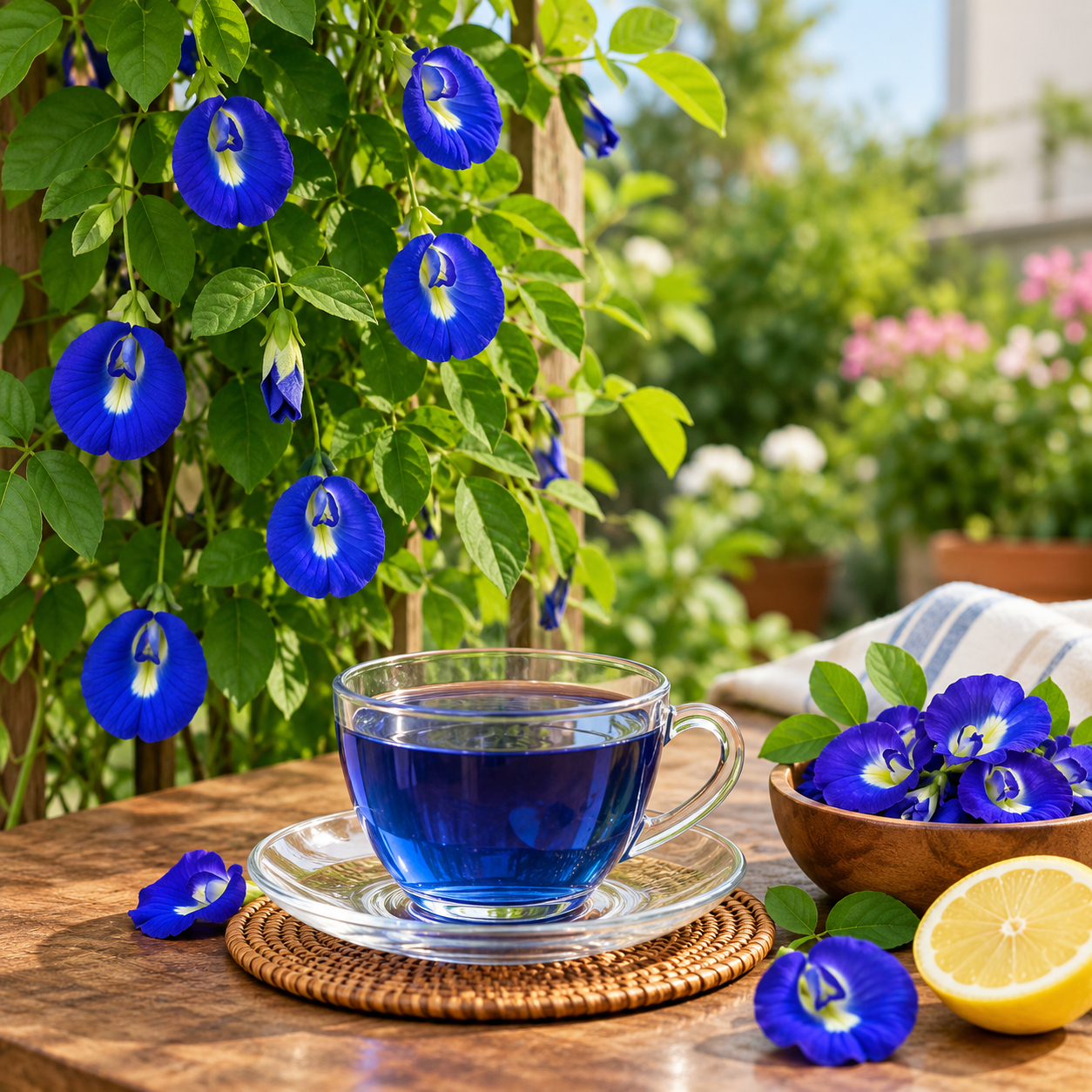 Butterfly Pea Blue Clitoria ternatea flowering climber with deep-blue butterfly-shaped flowers growing on a trellis – summer and winter flower seeds in Pakistan