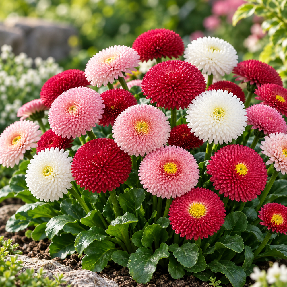 Button Daisy Bellis perennis with compact button-like flowers and green rosette foliage – winter flower seeds for pots, borders and edging in Pakistan