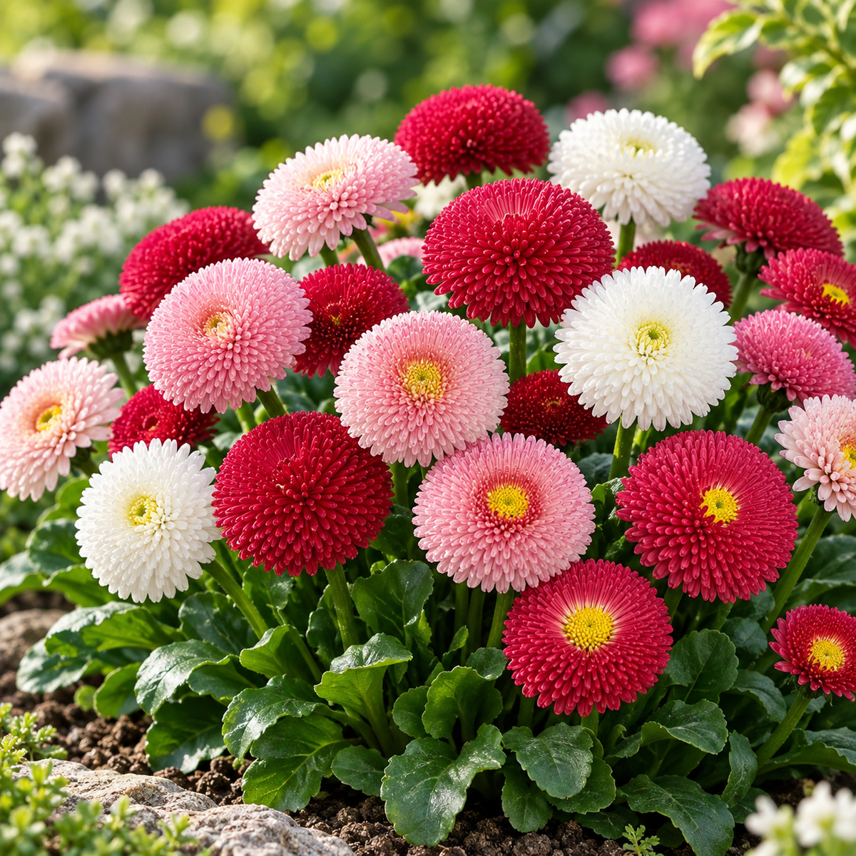 Button Daisy Bellis perennis with compact button-like flowers and green rosette foliage – winter flower seeds for pots, borders and edging in Pakistan