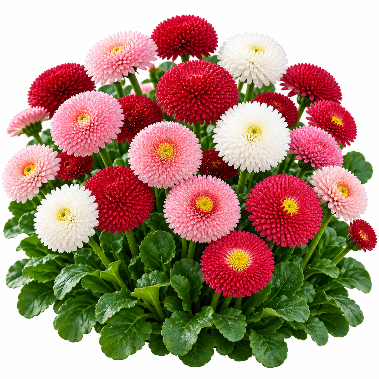 Button Daisy Bellis perennis with compact button-like flowers and green rosette foliage – winter flower seeds for pots, borders and edging in Pakistan