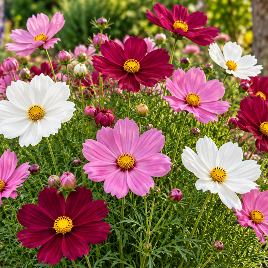 Cosmos Sensation Cosmos bipinnatus with pink magenta and white daisy-like flowers – winter flower seeds for gardens and grow bags in Pakistan