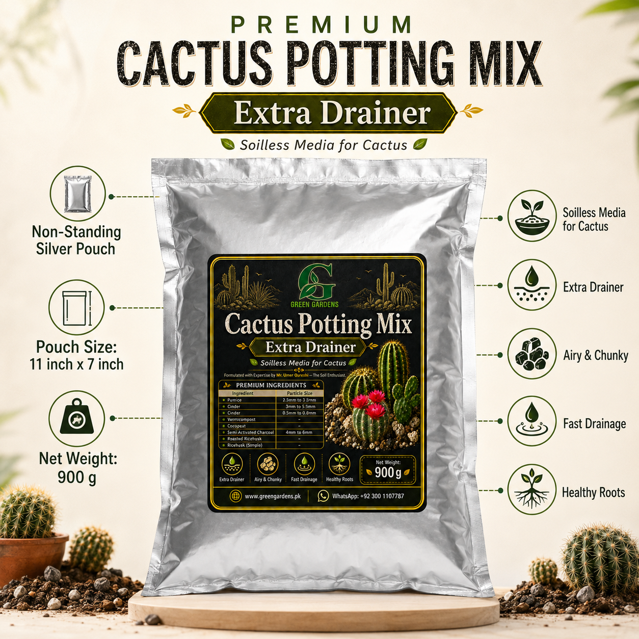 Cactus Potting Mix – Extra Drainer | Soilless Media for Cactus – 900 g