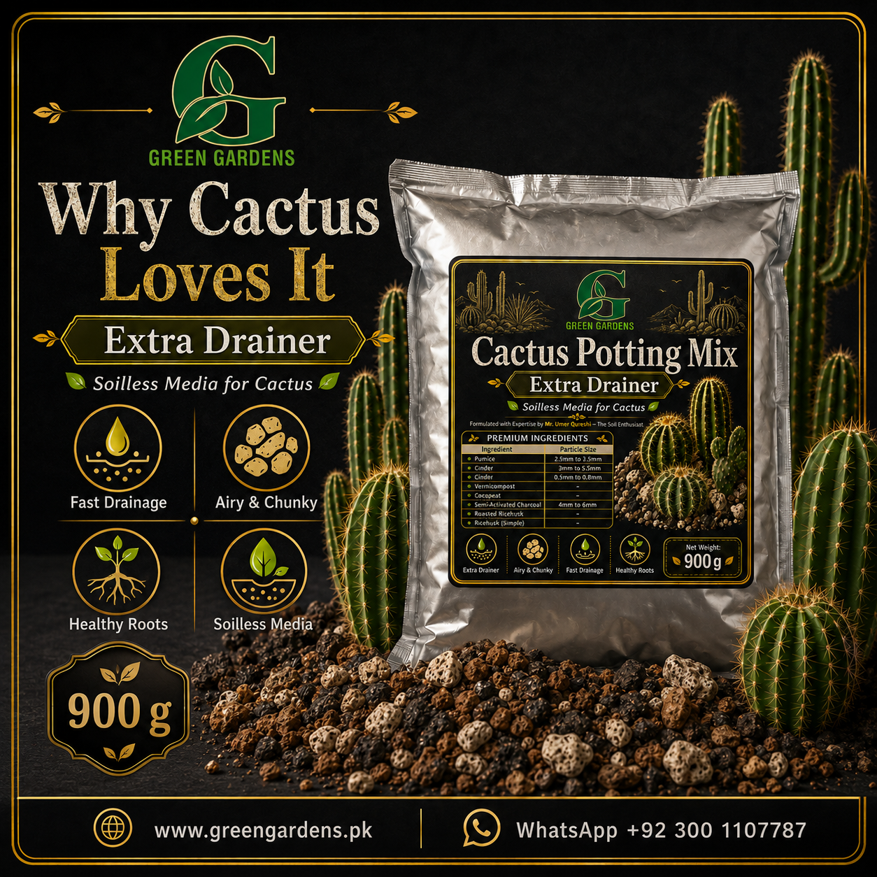 Cactus Potting Mix – Extra Drainer | Soilless Media for Cactus – 900 g