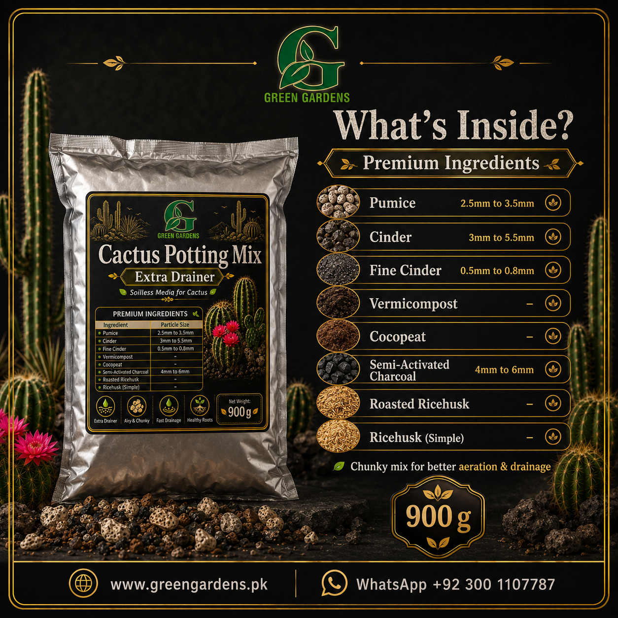 Cactus Potting Mix – Extra Drainer | Soilless Media for Cactus – 900 g