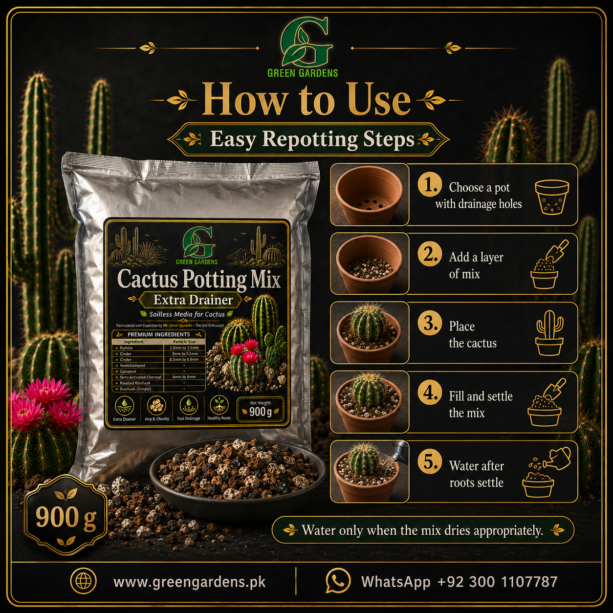 Cactus Potting Mix – Extra Drainer | Soilless Media for Cactus – 900 g