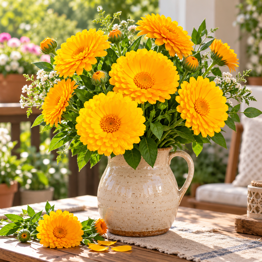 Calendula Double Golden Yellow Pot Marigold plant with large fully double golden-yellow flowers and fresh green foliage growing in a winter garden – flower seeds Pakistan