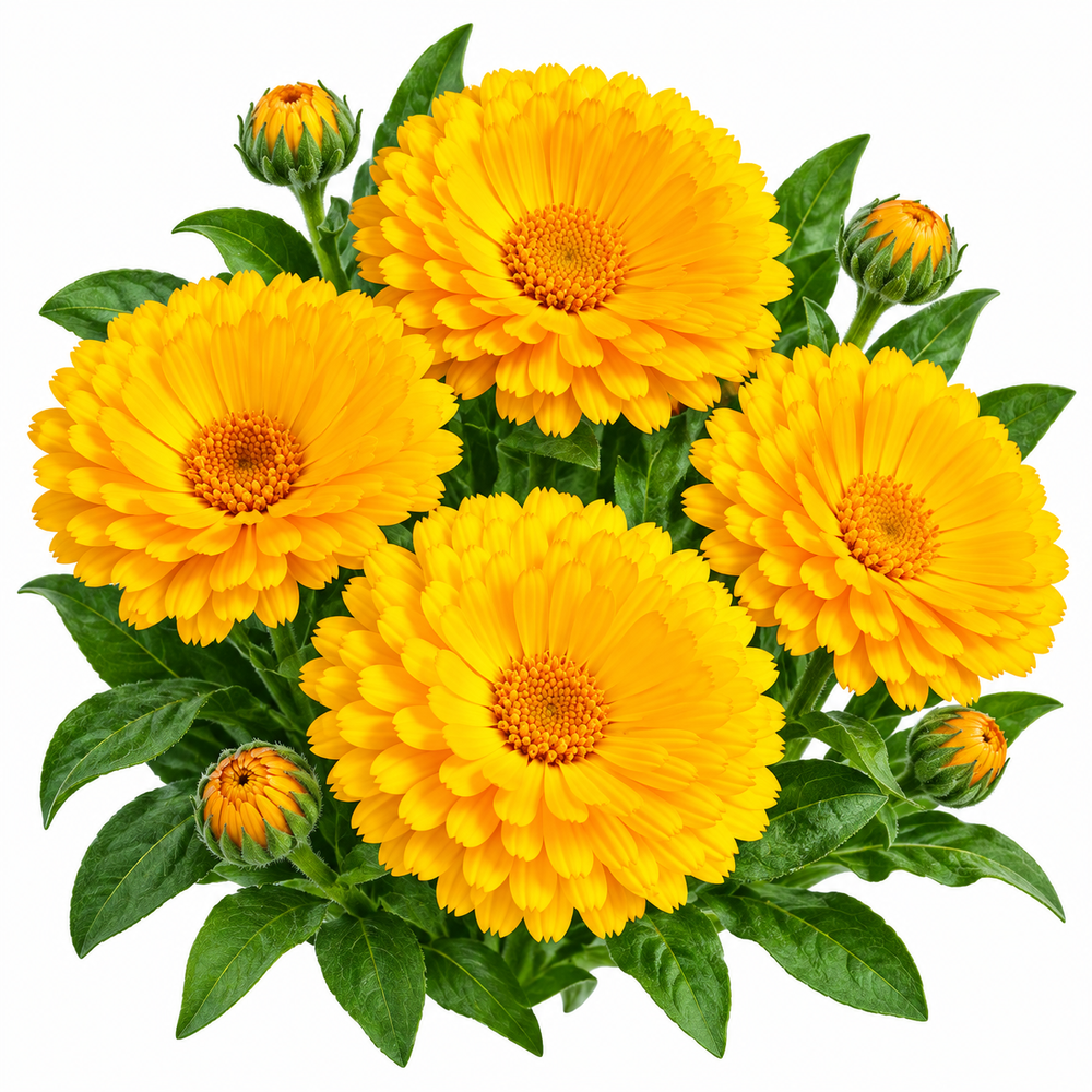 Calendula Double Golden Yellow Pot Marigold plant with large fully double golden-yellow flowers and fresh green foliage growing in a winter garden – flower seeds Pakistan
