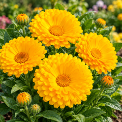 Calendula Double Golden Yellow Pot Marigold plant with large fully double golden-yellow flowers and fresh green foliage growing in a winter garden – flower seeds Pakistan