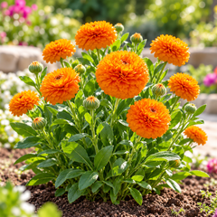 Calendula Double Ball Deep Orange Calendula officinalis with large fully double rich deep orange flowers – winter flower seeds for pots borders beds and grow bags in Pakistan