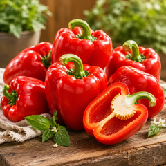 Red bell pepper plant with glossy blocky red capsicum fruits – sweet pepper seeds for home gardening in Pakistan