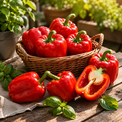 Red bell pepper plant with glossy blocky red capsicum fruits – sweet pepper seeds for home gardening in Pakistan