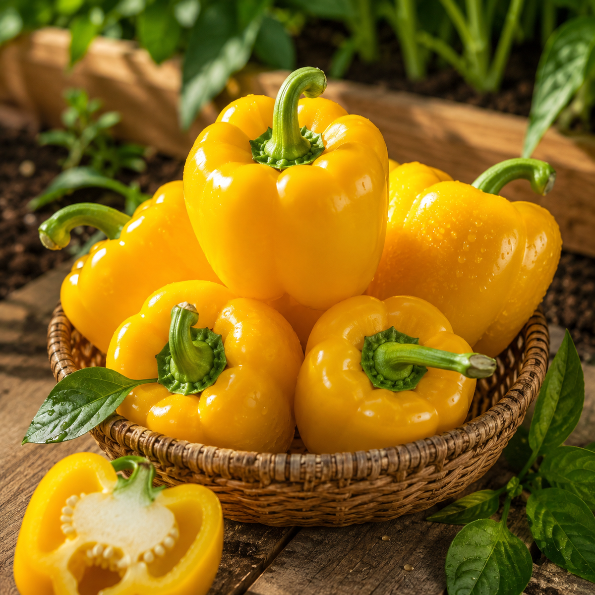 Yellow bell pepper plant with glossy blocky yellow capsicum fruits – sweet pepper seeds for home gardening in Pakistan