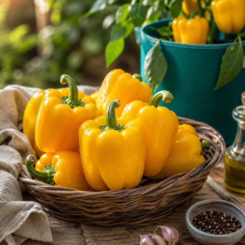 Yellow bell pepper plant with glossy blocky yellow capsicum fruits – sweet pepper seeds for home gardening in Pakistan