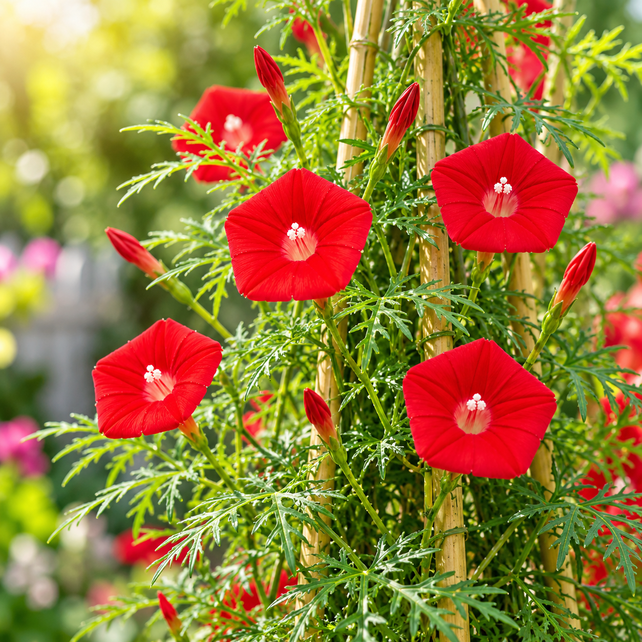 Cardinal Climber with brilliant scarlet-red trumpet-shaped flowers and fine fern-like foliage climbing on trellis – summer vine seeds in Pakistan