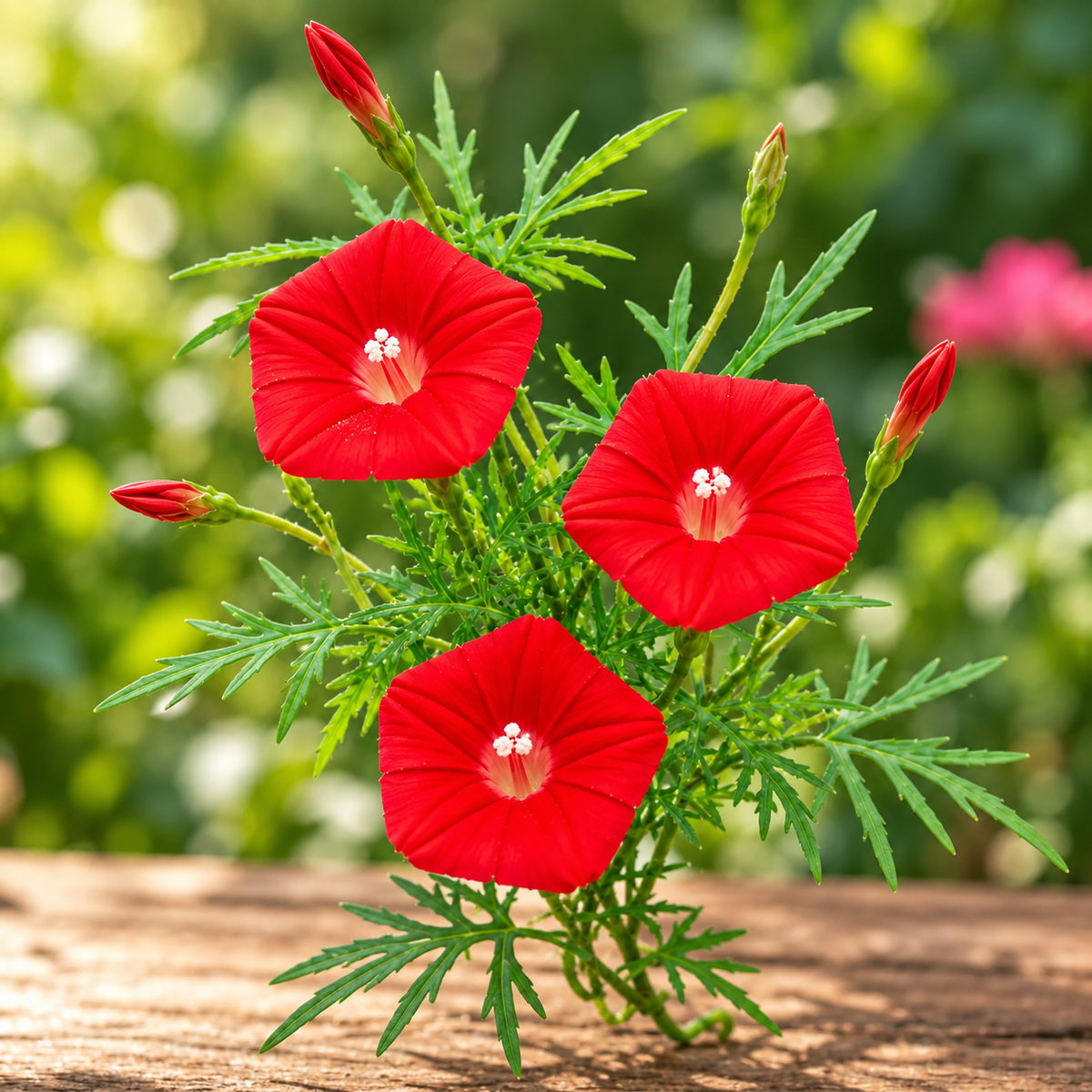 Cardinal Climber with brilliant scarlet-red trumpet-shaped flowers and fine fern-like foliage climbing on trellis – summer vine seeds in Pakistan