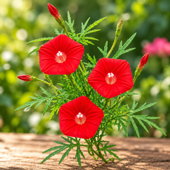 Cardinal Climber with brilliant scarlet-red trumpet-shaped flowers and fine fern-like foliage climbing on trellis – summer vine seeds in Pakistan