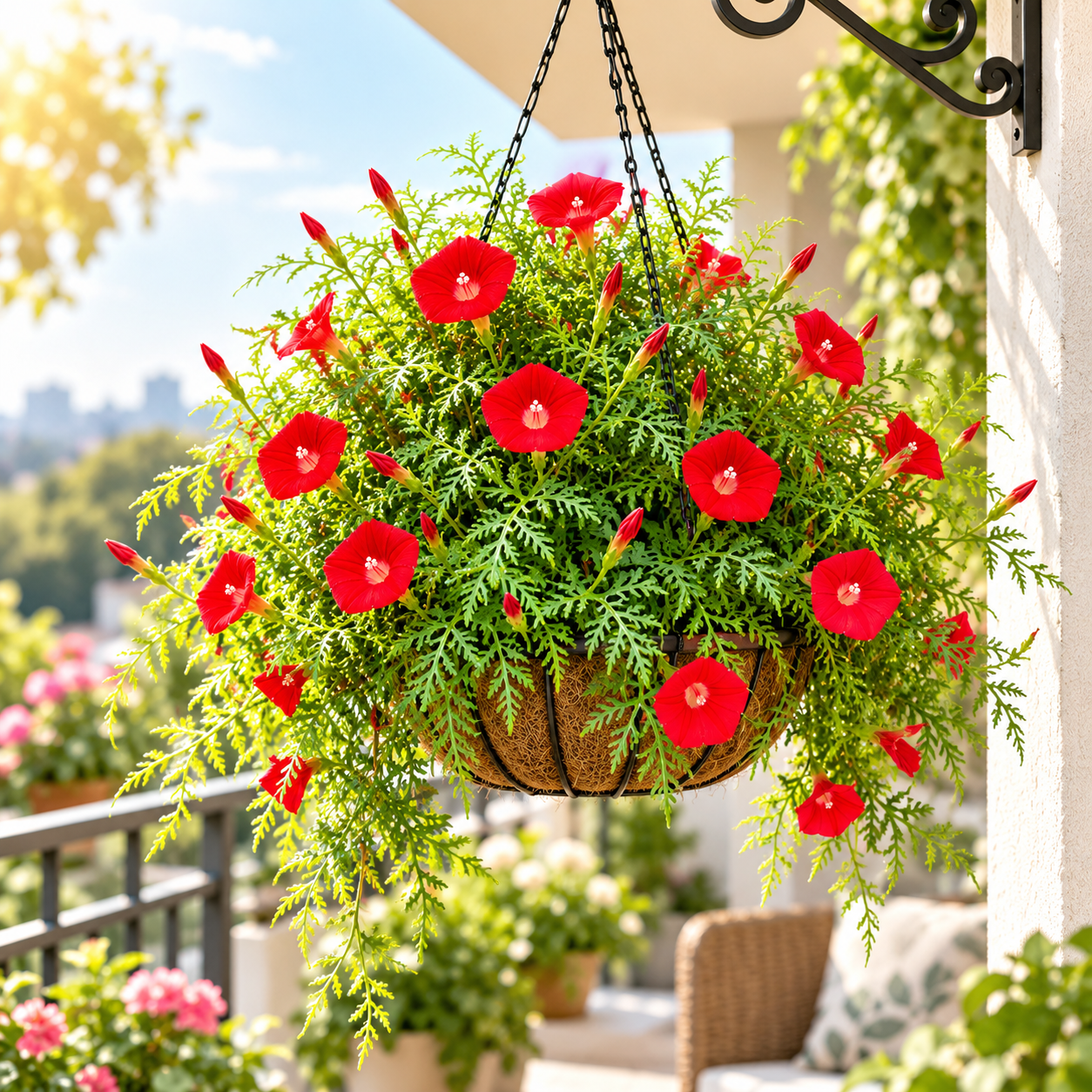 Cardinal Climber with brilliant scarlet-red trumpet-shaped flowers and fine fern-like foliage climbing on trellis – summer vine seeds in Pakistan