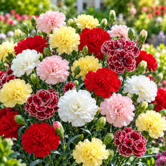 Carnation Chabaud Double Mix plants with fragrant fully double ruffled flowers in pink red white and yellow shades growing in a winter flower garden – carnation seeds Pakistan