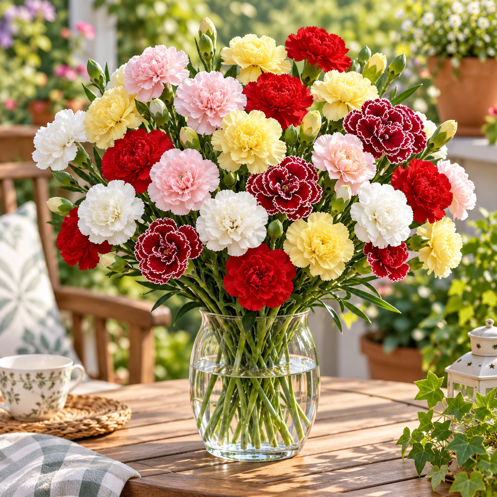 Carnation Chabaud Double Mix plants with fragrant fully double ruffled flowers in pink red white and yellow shades growing in a winter flower garden – carnation seeds Pakistan