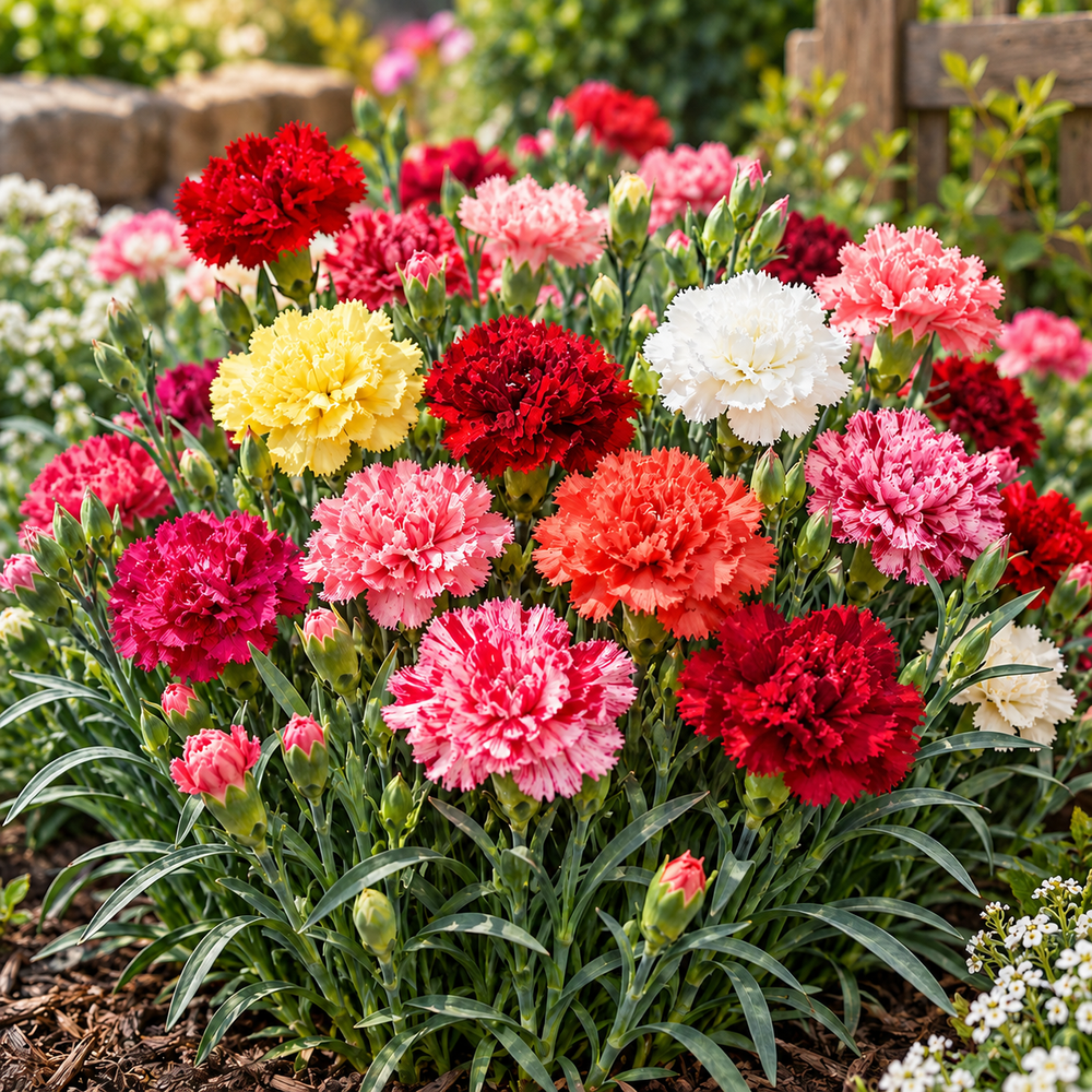 Carnation Mix Dianthus caryophyllus with fragrant ruffled red pink white and purple flowers – winter flower seeds for pots, beds, grow bags and bouquets in Pakistan