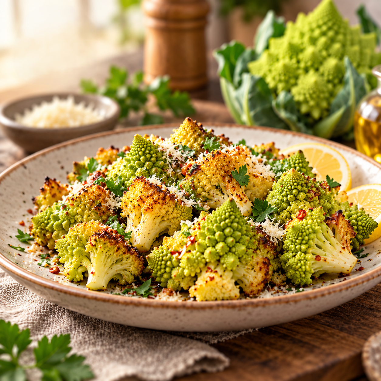 Romanesco Natalino Italian green cauliflower with a compact lime-green head featuring distinctive pointed spiral florets surrounded by healthy green leaves – winter vegetable seeds Pakistan