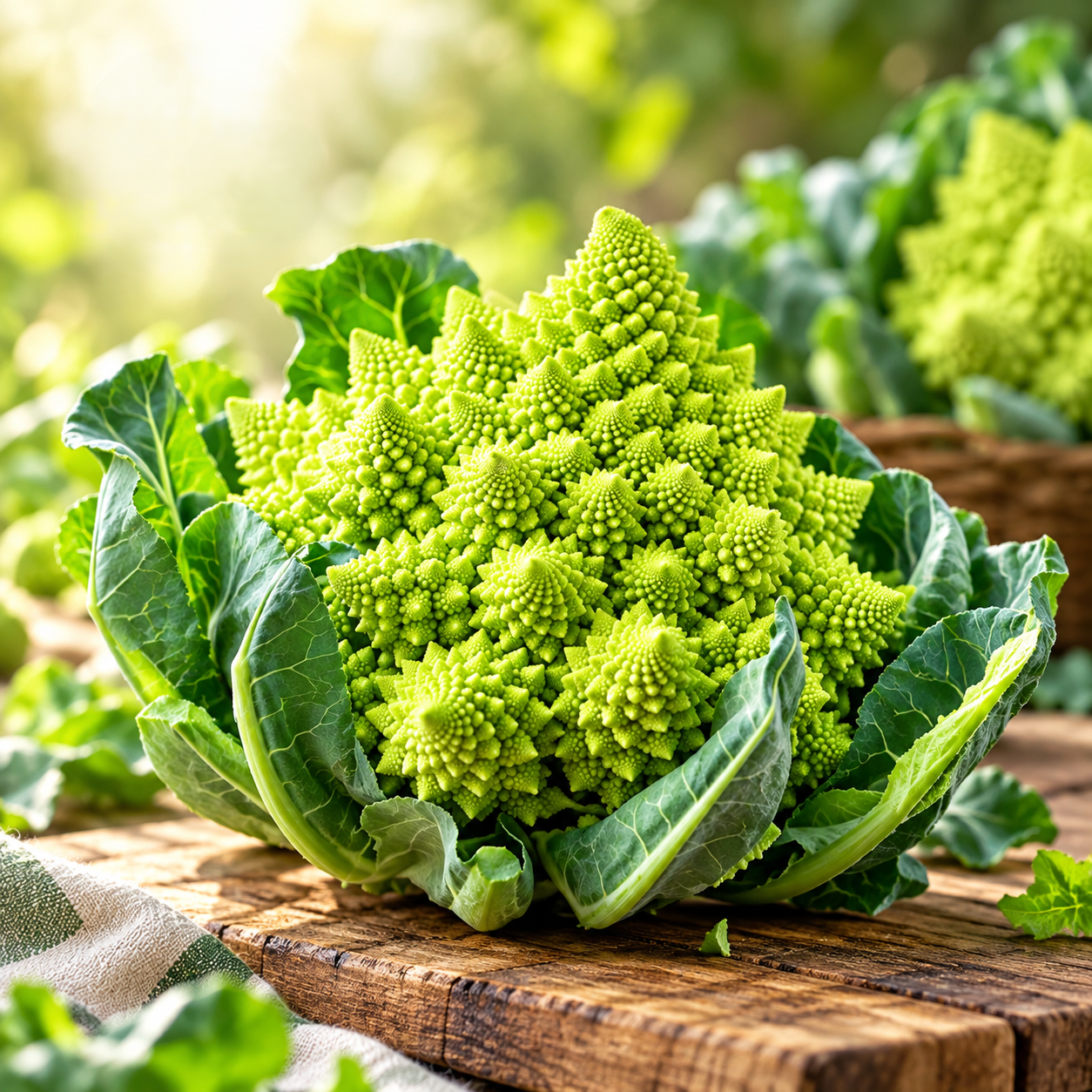Romanesco Natalino Italian green cauliflower with a compact lime-green head featuring distinctive pointed spiral florets surrounded by healthy green leaves – winter vegetable seeds Pakistan