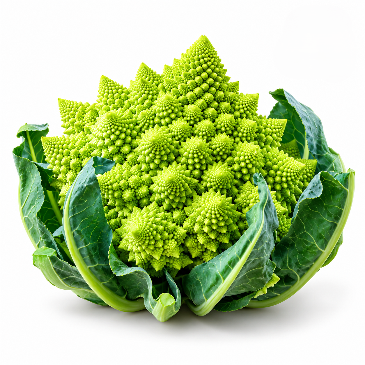 Romanesco Natalino Italian green cauliflower with a compact lime-green head featuring distinctive pointed spiral florets surrounded by healthy green leaves – winter vegetable seeds Pakistan