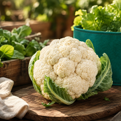 F1 Hybrid cauliflower plant with compact fresh head and green leaves – winter cauliflower seeds for home gardening in Pakistan